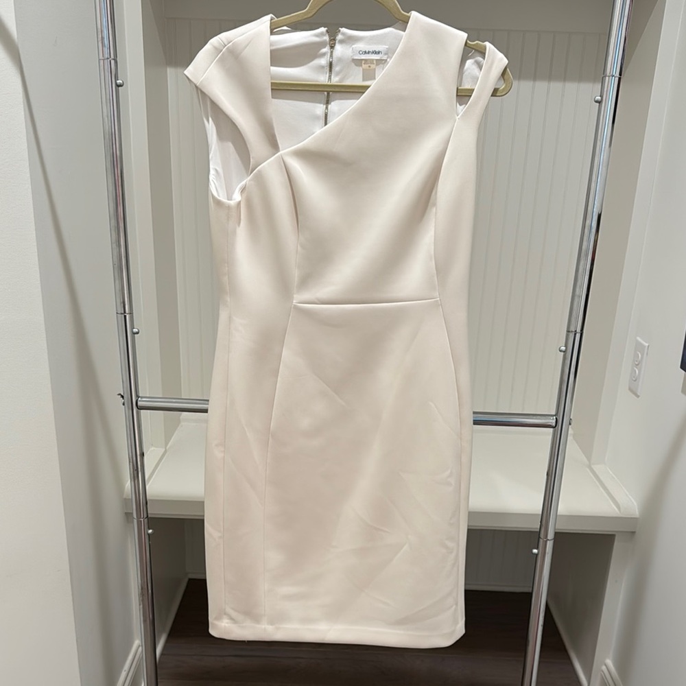 Calvin Klein Creamy White Asymmetrical Neckline Sheath Midi Dress